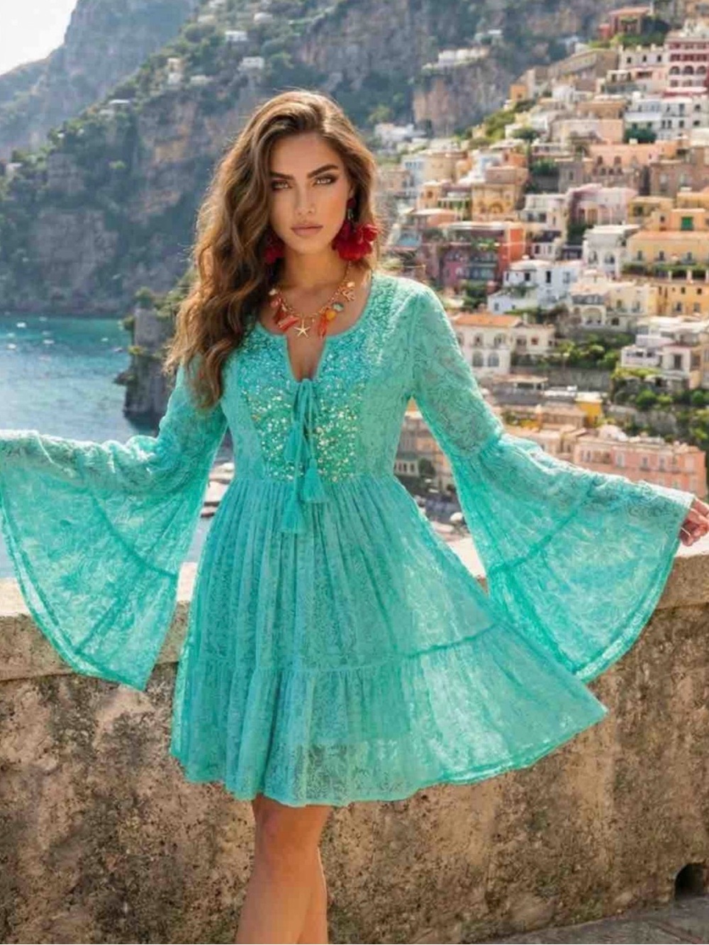 Antica Sartoria Aqua Turquoise Cotton Lace like Bell-Sleeve Mini Dress O/S NWT